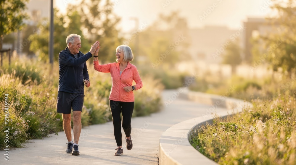 Obraz premium Active elderly couple giving a high five while jogging together on a scenic outdoor path during a beautiful sunny morning in the local park