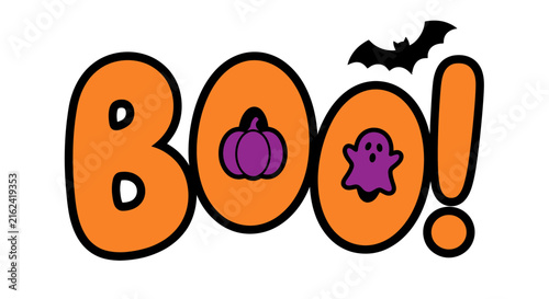 Festive halloween typography boo design featuring a cute purple ghost and pumpkin with a black flying bat