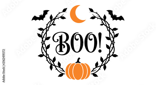 Creative halloween typography boo design featuring a pumpkin crescent moon bats and a decorative floral wreath frame
