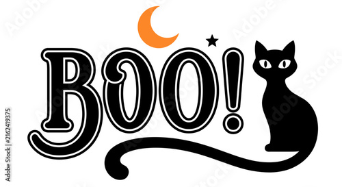 Spooky halloween typography boo design featuring a cute black cat silhouette with a crescent moon and star