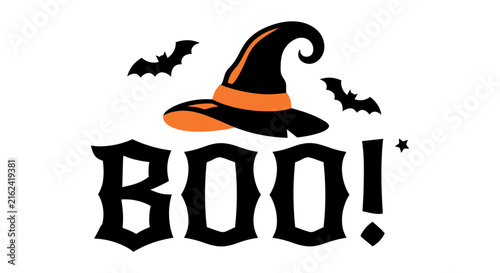 Festive halloween typography boo design featuring a witch hat and flying bats for seasonal holiday party decorations