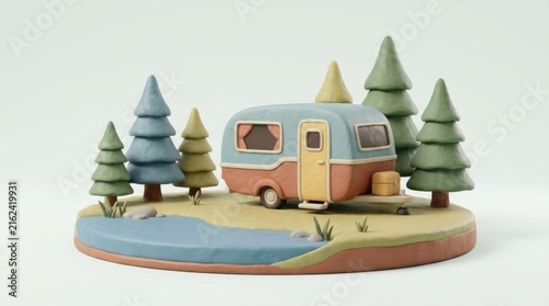 Minimal Camper Trailer in Stylized Forest Camping Scene