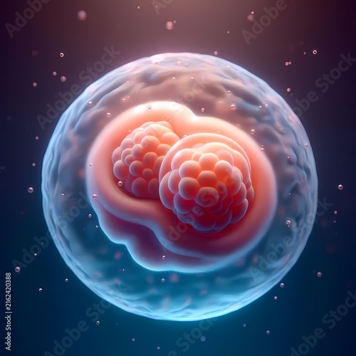 A photorealistic 3D render of a stylized human zygote with two visible pronuclei just before fusion, floating against a sterile dark background, Ai generated image