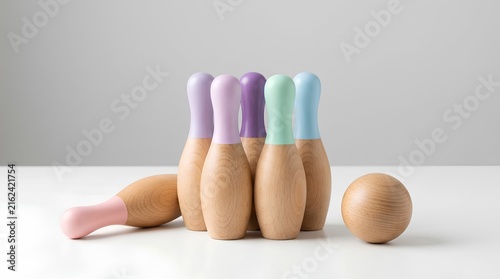 Minimalist wooden bowling set with pastel pins and toy ball on white table nursery kids room game