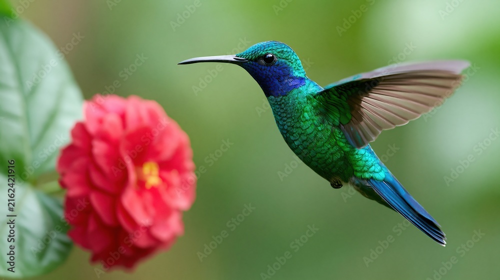 Naklejka premium Vibrant Green and Blue Hummingbird Hovering Near a Bright Red Flower in a Lush Garden