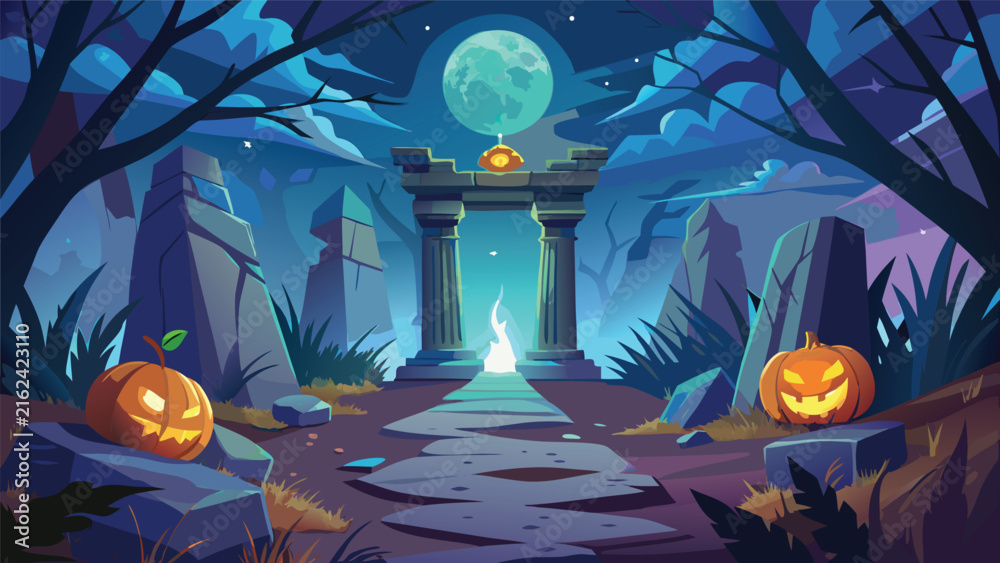 Fototapeta premium Editorial halloween stone portal with glowing spirit and jack o lanterns vector illustration halloween pumpkins jackolanterns cemetery mysterious background celebration nighttime frightening