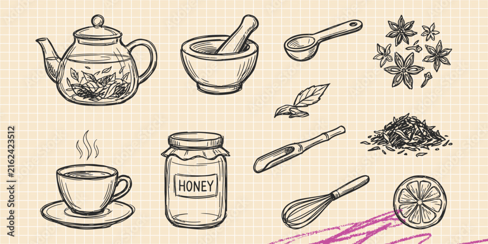 Obraz premium Hand drawn vintage black ink scribble doodle vector set of tea ceremony herbal hot drink and cup icons for creative graphic design