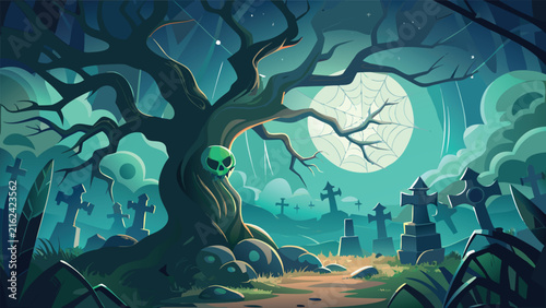 Editorial graveyard scene with skull in tree vector illustration graveyard cemetery halloween tombstone silhouette moonlight nighttime atmosphere dramatic background backdrop celebration