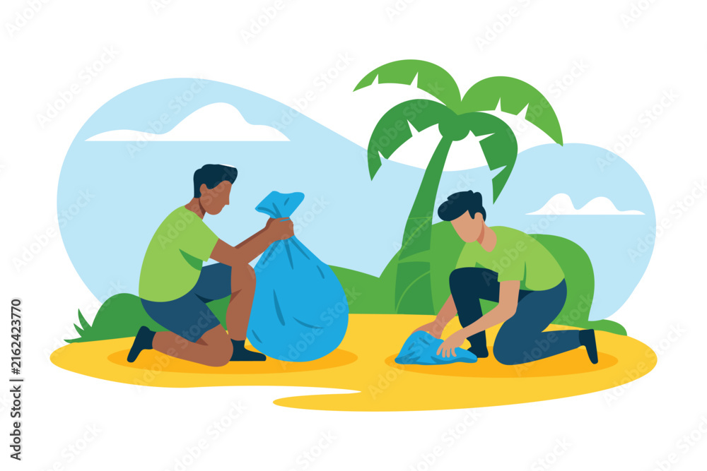 Fototapeta premium Two volunteers cleaning up plastic waste on a tropical beach to protect the ocean environment