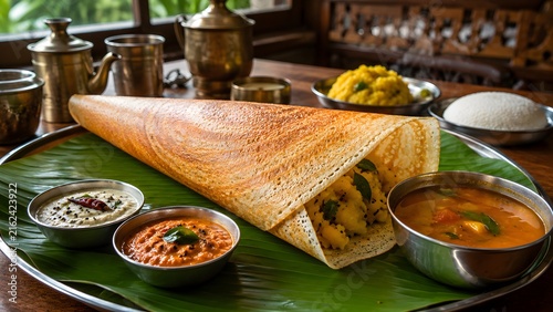 Masala dosa on banana leaf, traditional South Indian breakfast with sambar and chutney, crispy rice crepe with potato filling