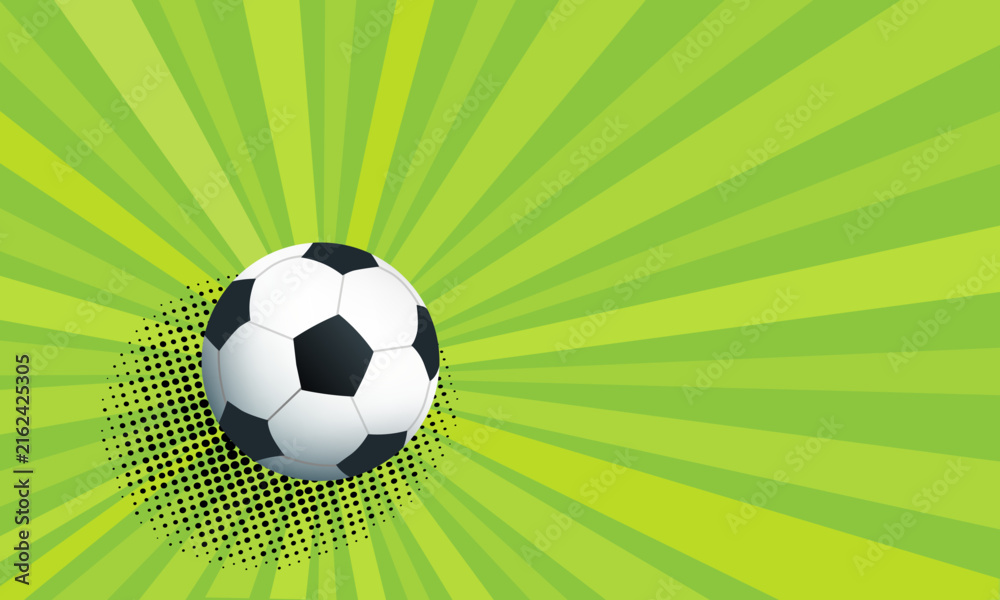 Naklejka premium Soccer ball on green rays background with halftone dots