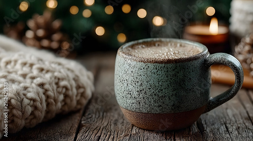 Cozy Winter Scene with Hot Cocoa and Knitted Blanket for Holiday Relaxation