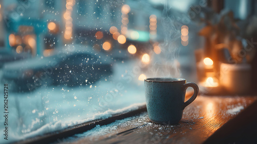 Cozy Winter Scene with Steaming Mug by Frosted Window for Tranquil Home Decor