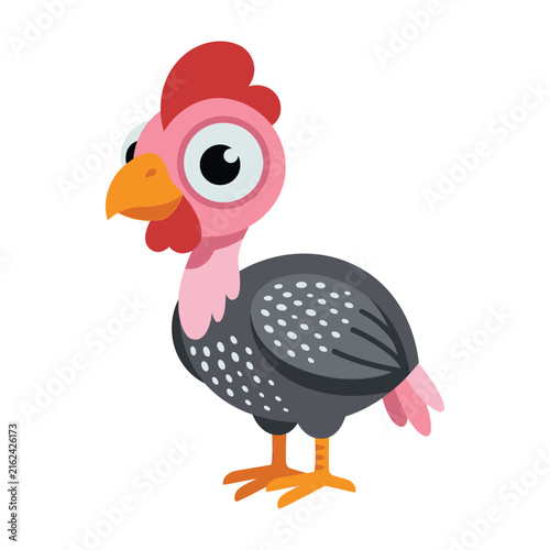 Cute cartoon chicken with pink face and gray spotted feathers standing alone