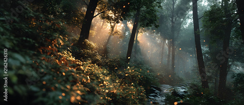 Serene Forest Sunrise with Sunlight Filtering Through Misty Trees - Tranquil Nature Landscape for Meditation and Relaxation