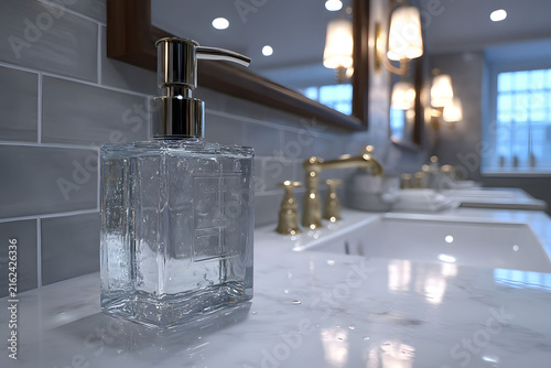 Modern Bathroom Countertop with Luxurious Soap Dispenser and Elegant Lighting