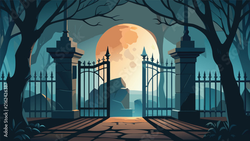 Editorial spooky graveyard gate under big orange full moon vector illustration with graveyard cemetery tombstones landscape halloween background silhouette branches illustration darkness