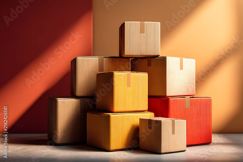 Stack of Corrugated Cardboard Boxes in Sunlit Warehouse Interior for Logistics and Storage Concepts