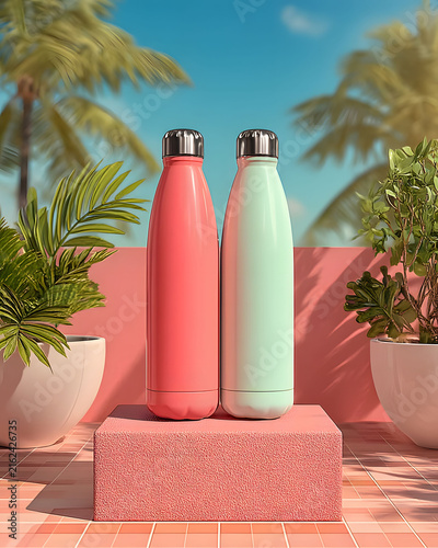 Stylish Summer Hydration Concept with Pink and Mint Water Bottles on Pink Pedestal