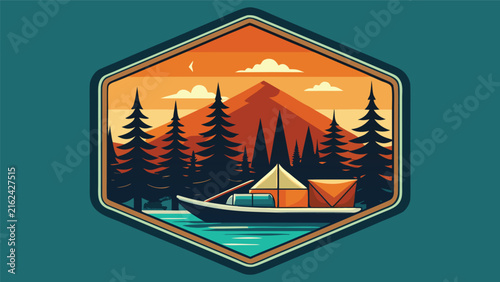 Editorial camping adventure wilderness badge vector illustration with wilderness mountains landscape adventure expedition exploration trekking vacation recreation environment illustration