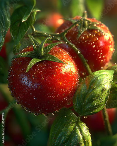 Fresh Tomatoes with Morning Dew in a Sunlit Garden Setting for Culinary Inspiration