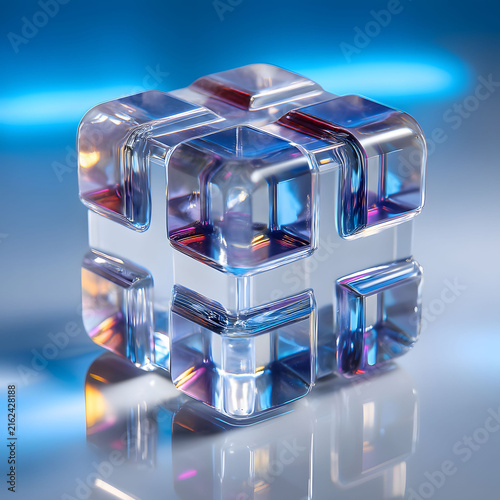 Futuristic Glass Cube Sculpture with Reflective Blue and Purple Lighting for Modern Decor