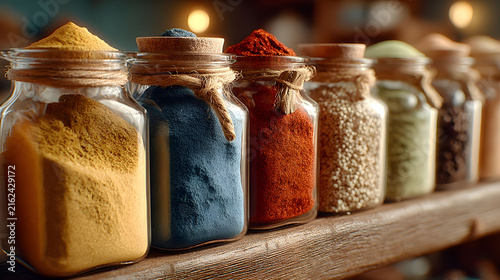 Colorful Array of Spice Jars in Kitchen Setting for Culinary Inspiration