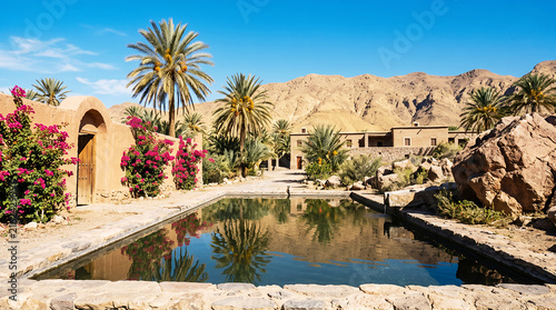 Desert oasis with stone pool, palm trees, and adobe buildings under blue sky water