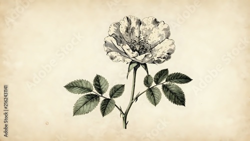 Vintage botanical illustration of a single rose with leaves on aged paper background