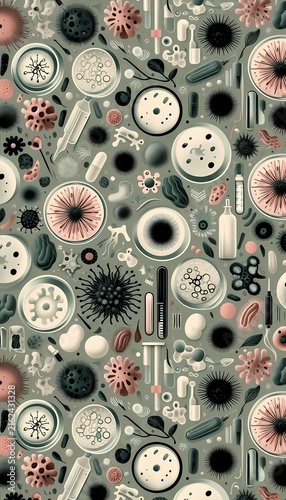 A stylish seamless repeating pattern of stylized microbes, petri dishes, and virus shapes arranged as a fashionable all-over print for scrubs, packaging, or wallpaper, Ai generated image