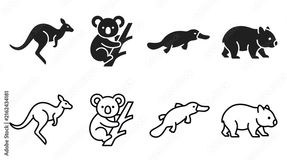 Fototapeta premium Australian Wildlife Animals Silhouette Icons, Minimal Black and Outline Vector Style