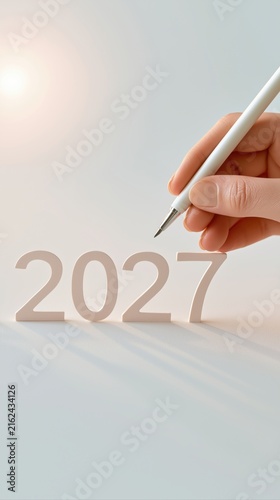 Hand writing New Year numbers on a clean white card, planning celebration, minimal greeting, business concept, Christmas, New Year.