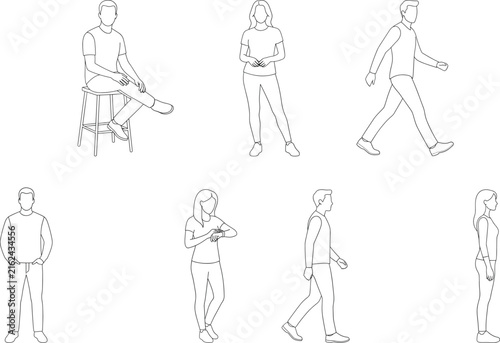 Casual people line art vector collection set with men and women walking and standing in outlines