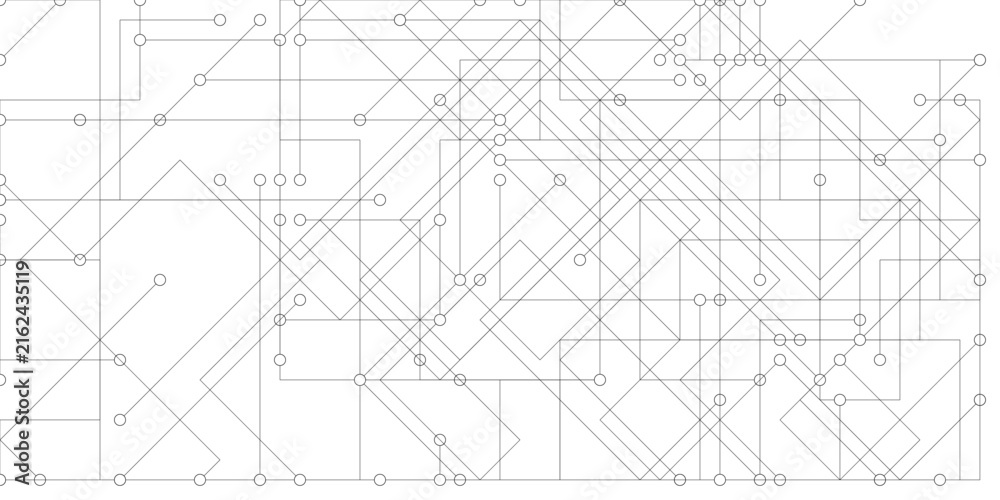Fototapeta premium Complex diagonal and horizontal circuit network mesh with circular nodes on white background