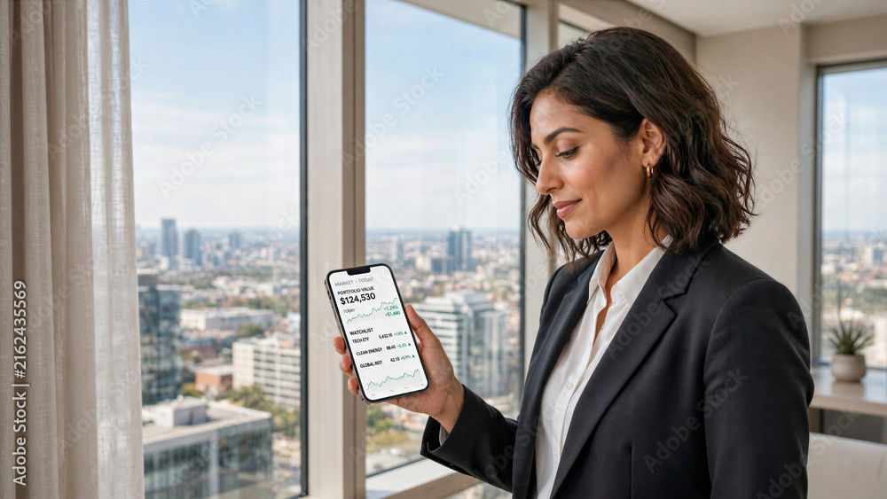 Fototapeta premium Confident Female Entrepreneur Checking Financial Stock Market App on Smartphone Standing Near Large Window