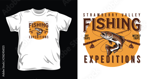 Fishing expeditions design with a jumping trout fish and crossing rods for outdoor apparel.