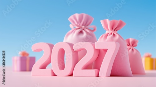 Pink gift boxes surrounding pastel New Year numbers, festive presents, cheerful greeting, holiday celebration, Christmas, New Year.