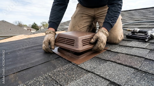 Roofer hands installing plastic roof vent cap on residential shingles house construction repair