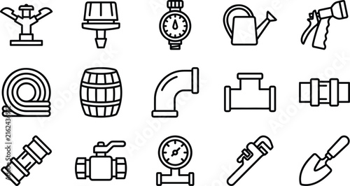 Garden irrigation plumbing system icon set sprinkler hose pipe valve watering gauge wrench trowel vector line art collection.