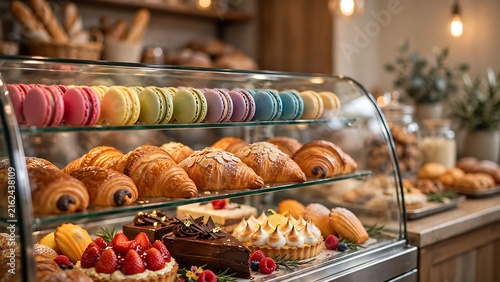 Bakery glass display case filled with colorful macarons, croissants, and pastries