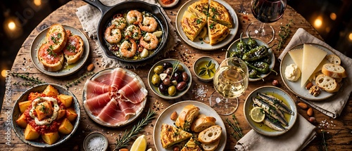 Overhead view of Spanish tapas spread with garlic shrimp, jamon, olives, and wine