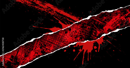 Grunge banner with crossed red torn paper strips and splatters