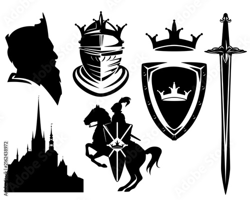 set of black and white vector silhouettes for medieval fantasy design - fairy tale king knight profile head, sword, shield and castle detailed outlines