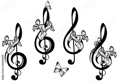 elegant treble clef with blooming iris flowers and flying butterflies - classical music and nature creative harmony symbol black and white vector design set