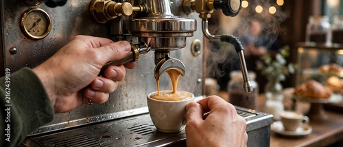 Espresso pouring from professional coffee machine into cup with steam and pastries in background