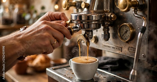 Close-up of barista extracting espresso from an Italian made traditional coffee machine