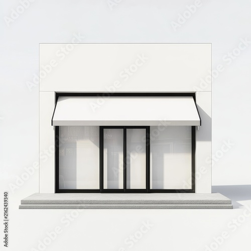 a small street-front shop facade model with a pure white minimalist style, featuring black thin-framed glass doors and windows, white retractable awnings, and two light gray steps at the bottom. 