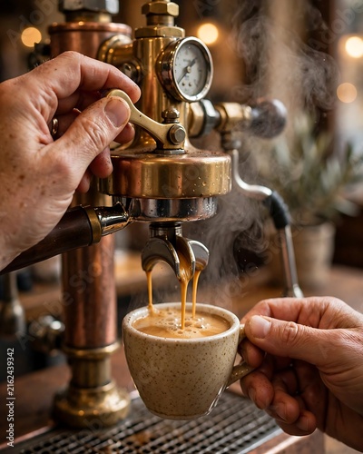Barista pouring espresso shot from vintage copper espresso machine into ceramic cup