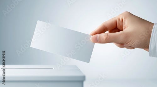 Close-up of a hand casting a blank ballot into a white voting box during a democratic election