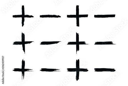 Set of black hand-drawn plus and minus symbol illustrations. Paint Brush, Brush Stroke, Abstraction Plus minus shape, can use for Logo Gram, Art Illustration, Mark, or Graphic Design Element vector.